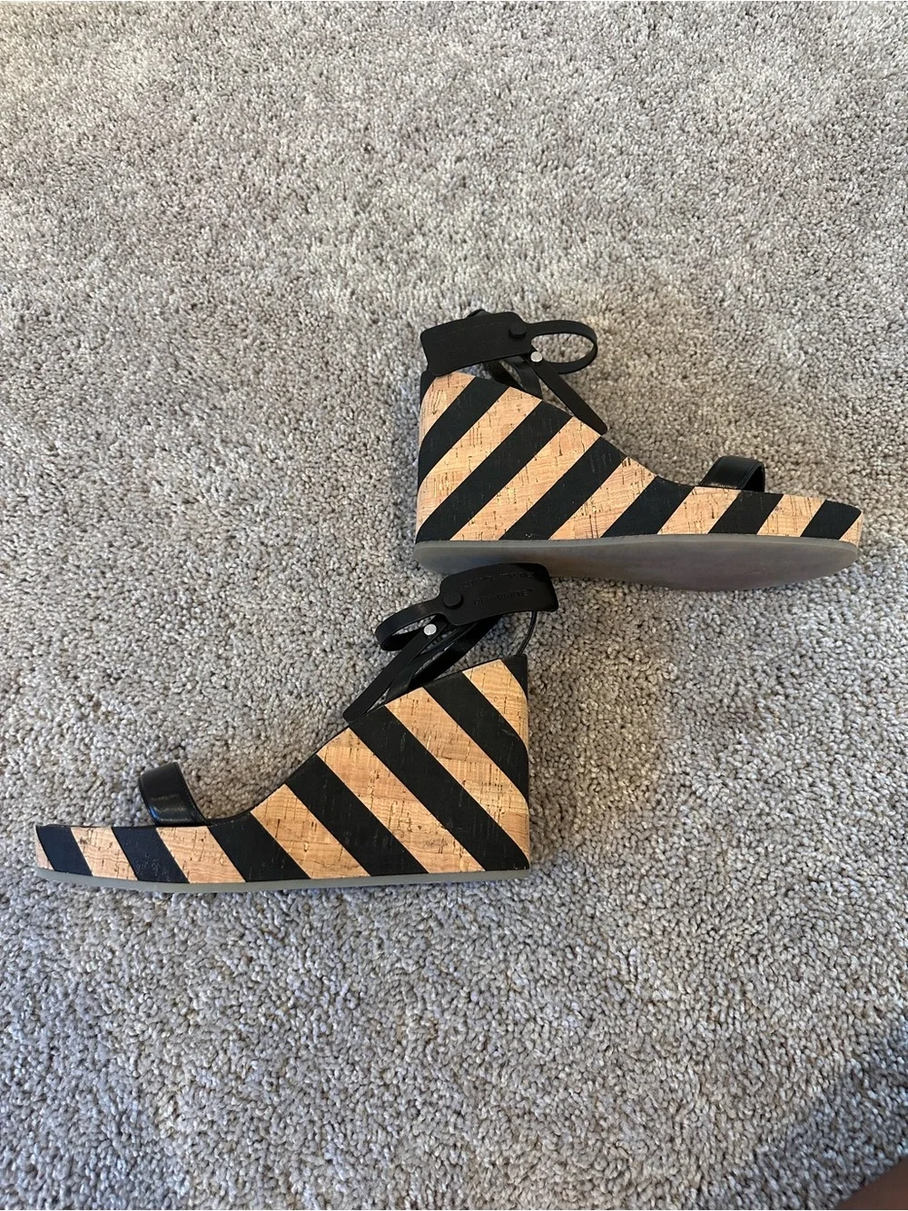 Off-White Black Leather Cork-Trim Wedge Sandals